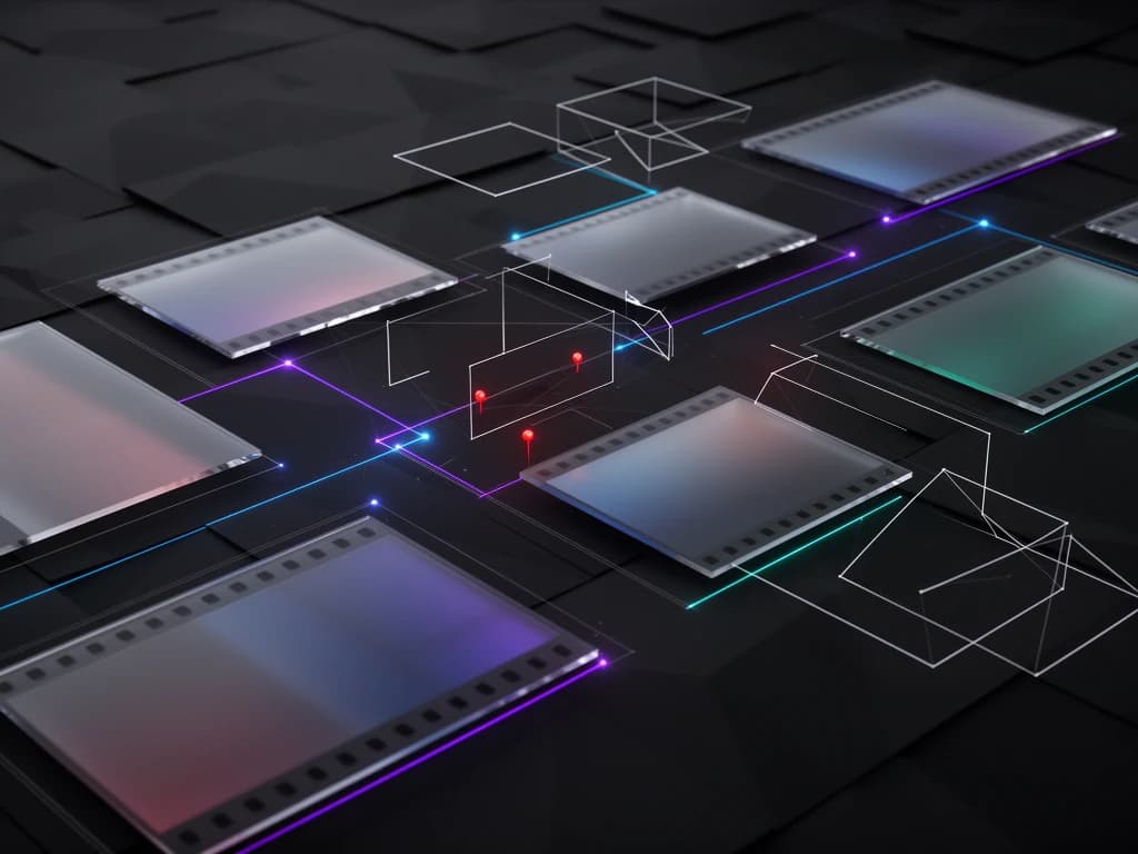 Abstract film frames and soccer-field tracking geometry in blue, purple, and teal.