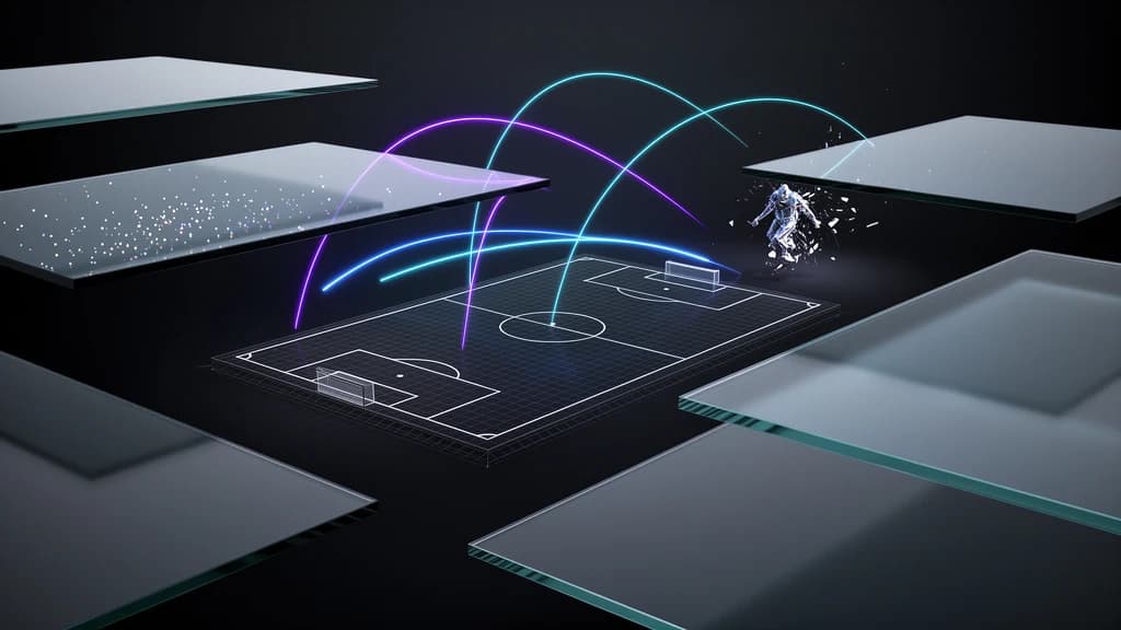 Abstract soccer recruiting intelligence visualization with field lines and blue-purple trajectory signals.